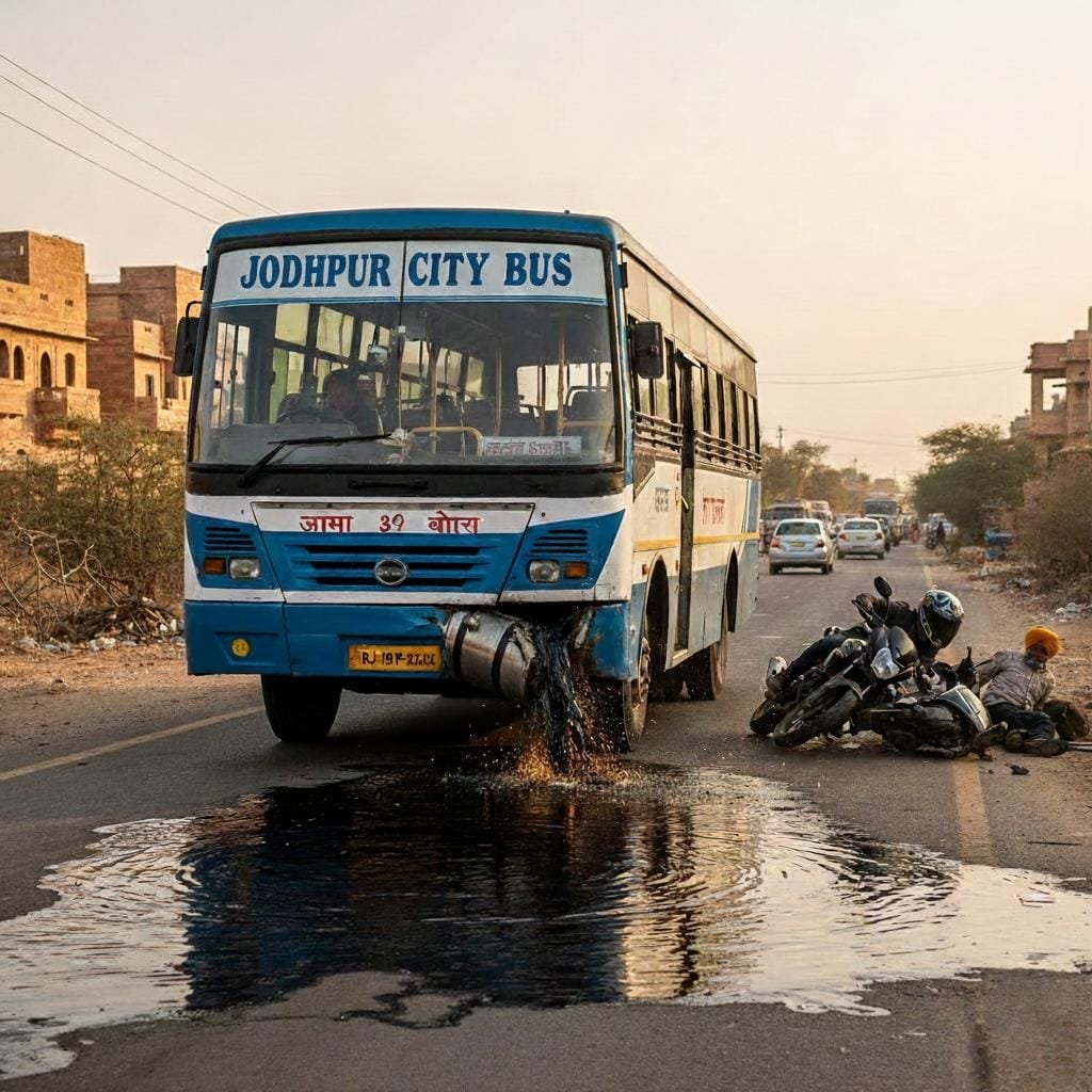 Jodhpur Bus Diesel Tank Accident: पाल रोड पर चलती बस की डीजल टंकी फूटी, तेल फैलने से दुपहिया वाहन चालक फिसले, 1 KM ट्रैफिक जाम
